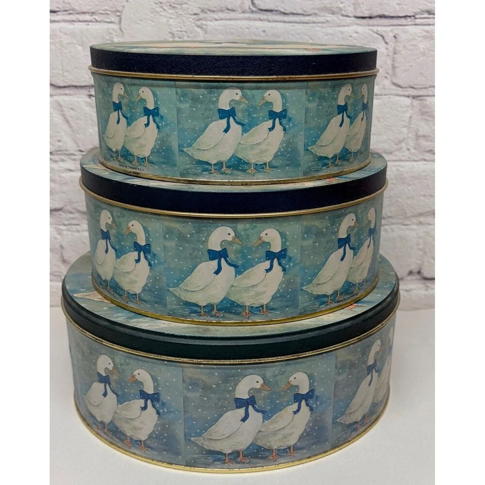 Vtg Country Geese With Blue Ribbon Nesting Kitchen Canister Biscuit Tins Set